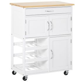 Rolling Kitchen Cart, White, Island with Storage Drawer, 9-Bottle Wine Rack, Door Cabinets, Wooden Countertop
