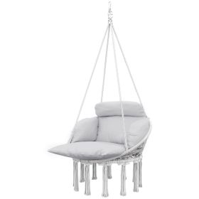 Hammock Swing Chair, Macrame Hanging Chair with Large Cushion, Chain, Steel Frame for Indoor Outdoor Use, Gray