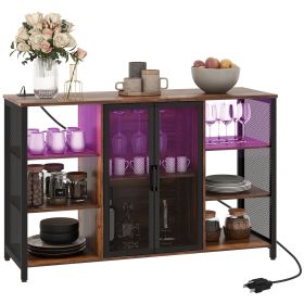 LED Wine Cabinet, Rustic Brown with Charging Station, Glass Holders & Open Shelves