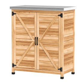 Wooden Storage Cabinet, Outdoor Prep Table with Metal Tabletop, Shelf and Double Doors for Patio, Garden, Natural Wood