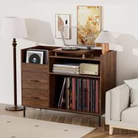 Record Player Stand with Storage for 500+ Albums, Mid-Century Modern Turntable Shelf & Drawers Sturdy Wood & Metal Audio Console for Living Room