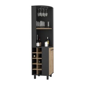 Corner Bar Single Door Cabinet Two Shelves, Ten Built-in Wine Rack, Two Interior Shelves, Black / Pine