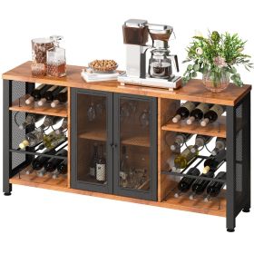VEVOR Industrial Bar Cabinet, 55 Inch Rustic Oak, 330 LBS Wine Table for Liquor with Wine Racks (24 Bottles), Glass Holders and Metal Sideboard