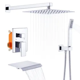 Rain Shower System Chrome Tub Shower Faucet Set 10 Inch Square Rainfall Shower Head With Handheld Sprayer And Waterfall Tub Spout[Unable Ship Wee (Option: defaulttitle)