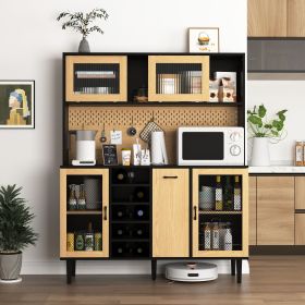 59" H Buffet Sideboard Cabinet with Storage Door & Power Outlet, Farmhouse Coffee Bar Cabinet with Wine Rack, Kitchen Pantry Living Room Black&Na (Color: as Pic)