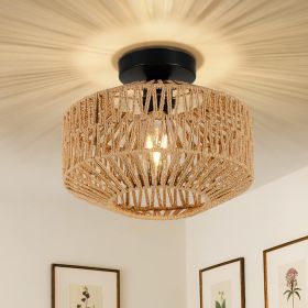 Boho Light Fixtures Ceiling Mount,Mini Rattan Chandelier Light Fixture With Dimmable LED Bulb,Hand W (Option: brown)