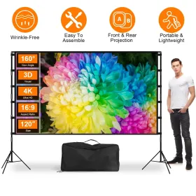 100inch/120inch Options Projector Screen With Stand 16:9 4K HD Rear Front Wrinkle-Free Portable And Foldable Movie Screen With Carry Bag For Indo (Option: 120IN)